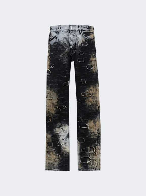GIVENCHY MEN'S BLACK BEIGE DISTRESSED STRAIGHT TROUSERS