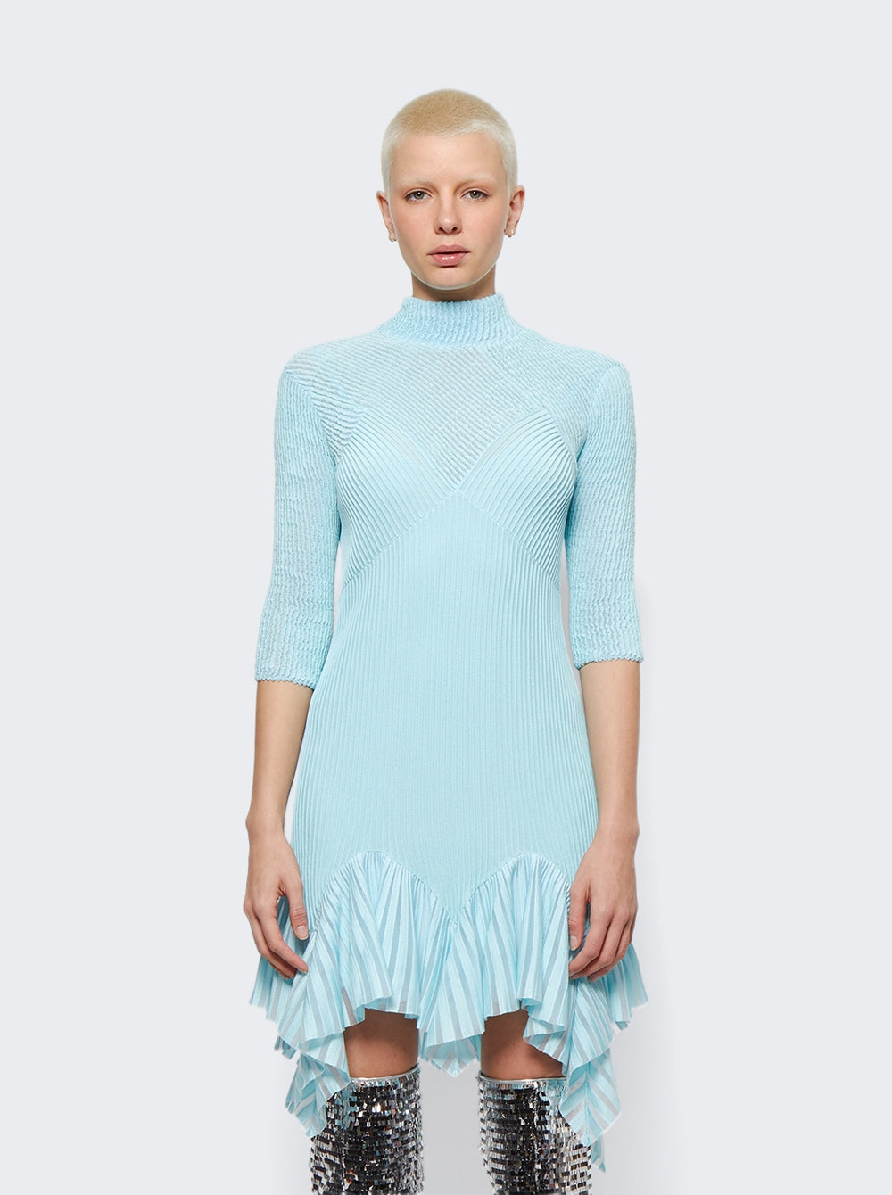 GIVENCHY WOMEN'S AQUA MARINE RIBBED RUFFLED DRESS