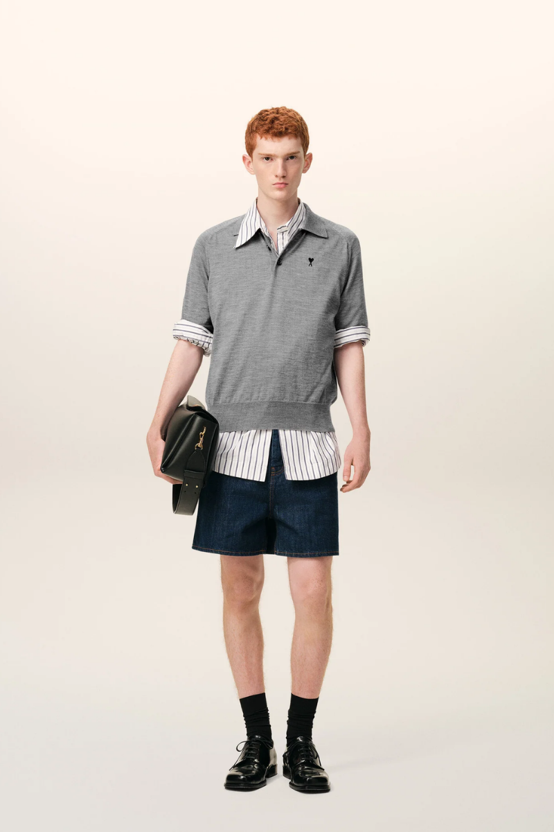 Ami Paris Merino Wool Short Sleeves Crewneck Cardigan-Heather Grey