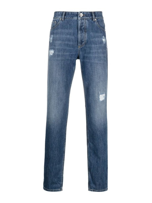 BRUNELLO CUCINELLI MEN'S FADED BLUE DISTRESSED DENIM JEANS