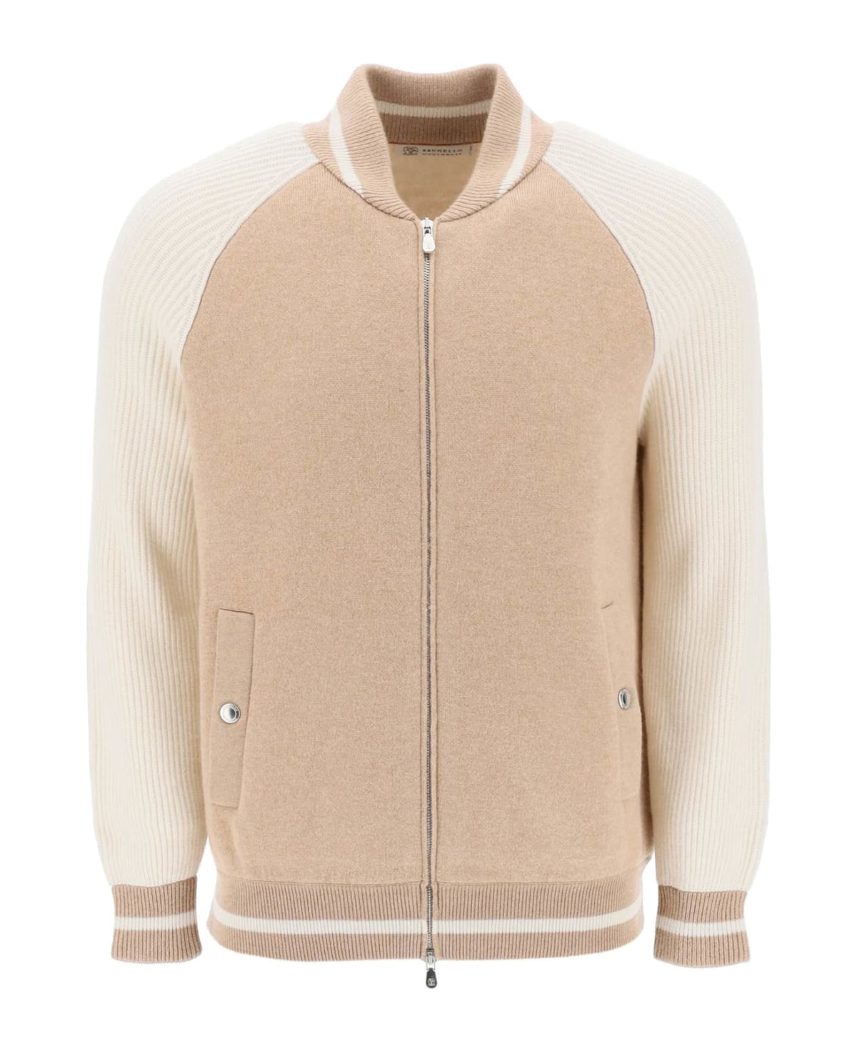 BRUNELLO CUCINELLI MEN'S BEIGE AND OFF WHITE ZIP FRONT SWEATER