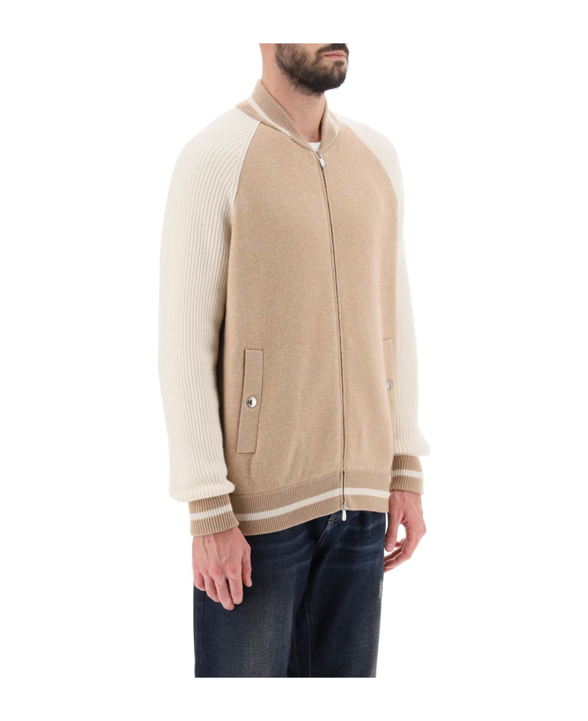 BRUNELLO CUCINELLI MEN'S BEIGE AND OFF WHITE ZIP FRONT SWEATER