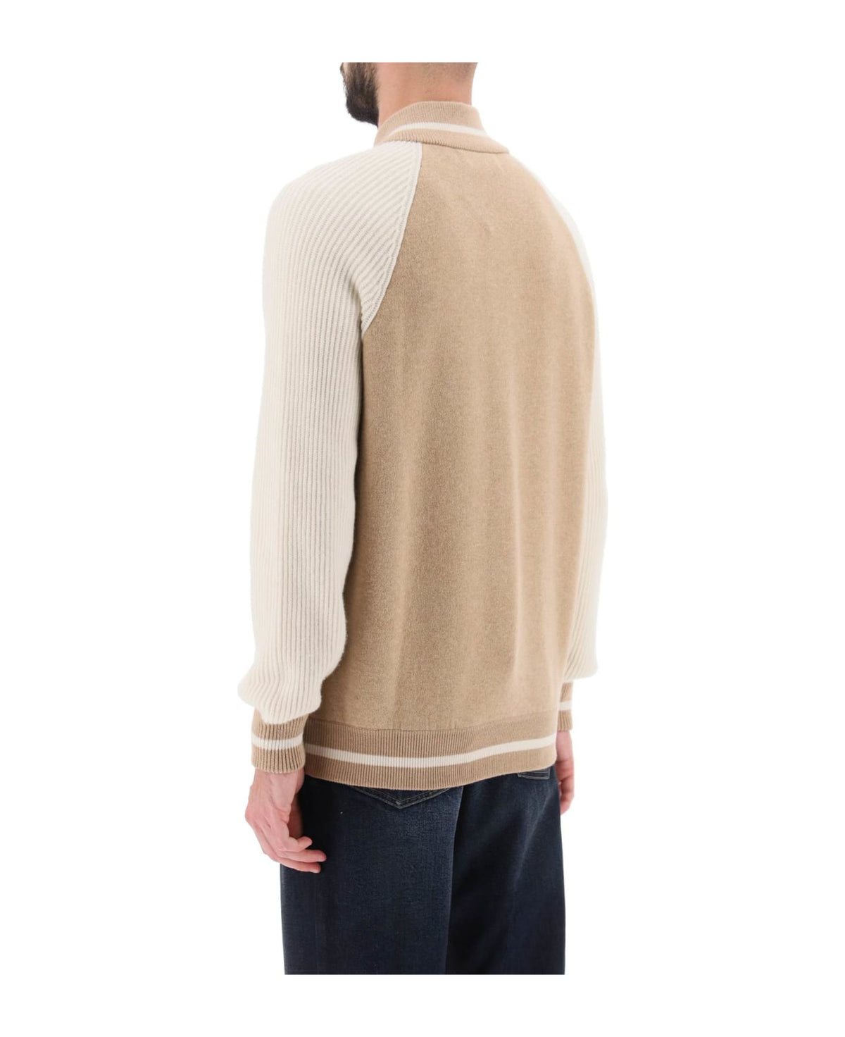 BRUNELLO CUCINELLI MEN'S BEIGE AND OFF WHITE ZIP FRONT SWEATER