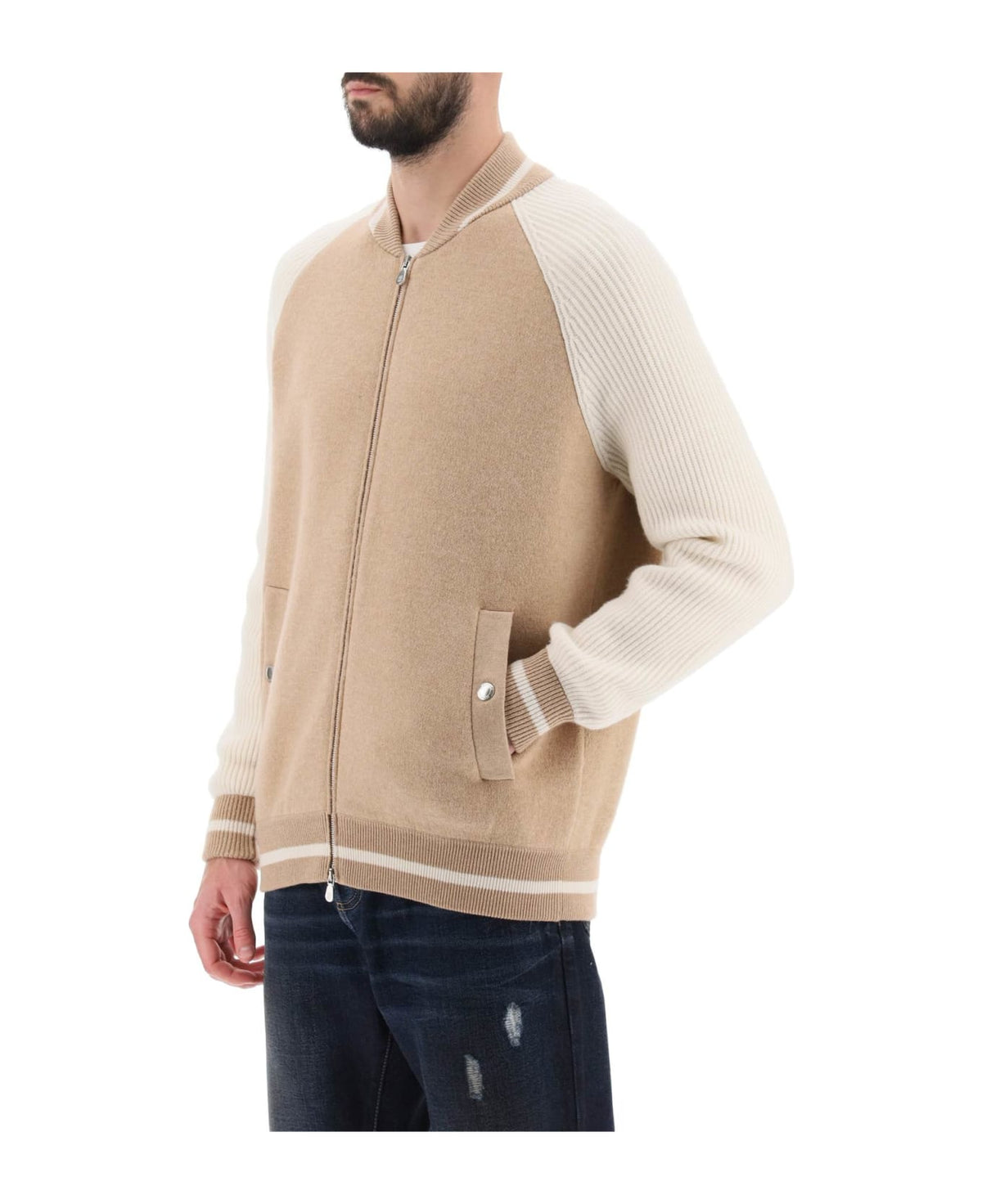 BRUNELLO CUCINELLI MEN'S BEIGE AND OFF WHITE ZIP FRONT SWEATER