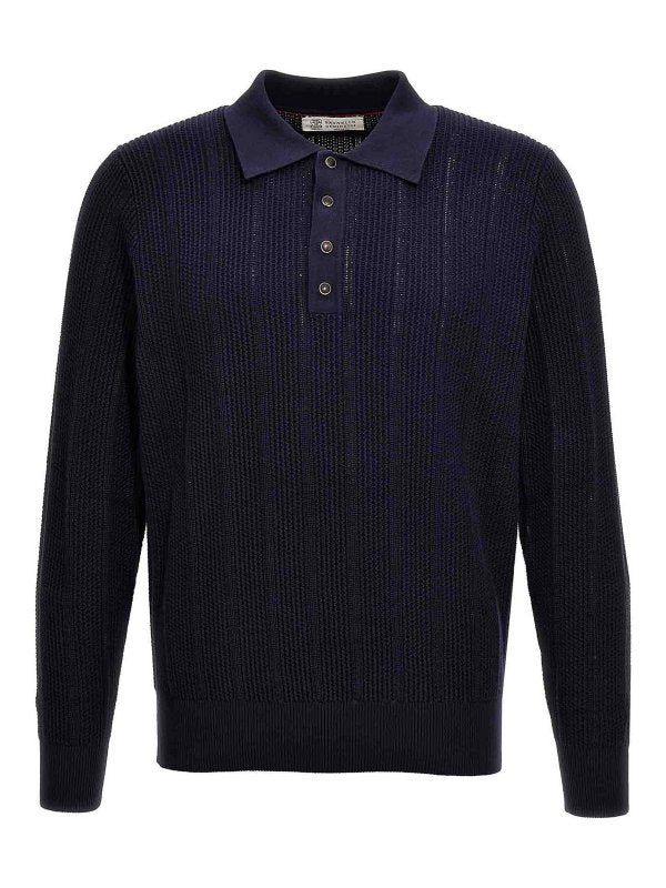 BRUNELLO CUCINELLI MEN'S NAVY KNIT POLO SWEATER