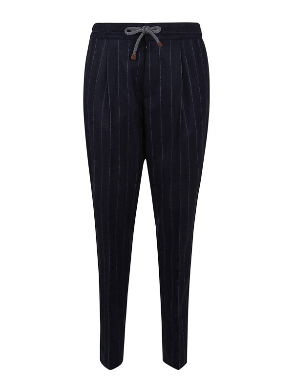 BRUNELLO CUCINELLI MEN'S NAVY PINSTRIPE DRAWSTRING TROUSERS
