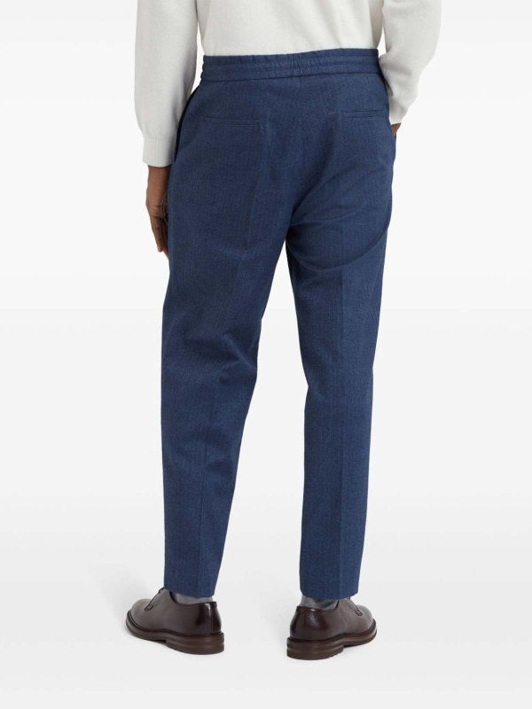 BRUNELLO CUCINELLI MEN'S BLUE PLEATED DRAWSTRING TROUSERS
