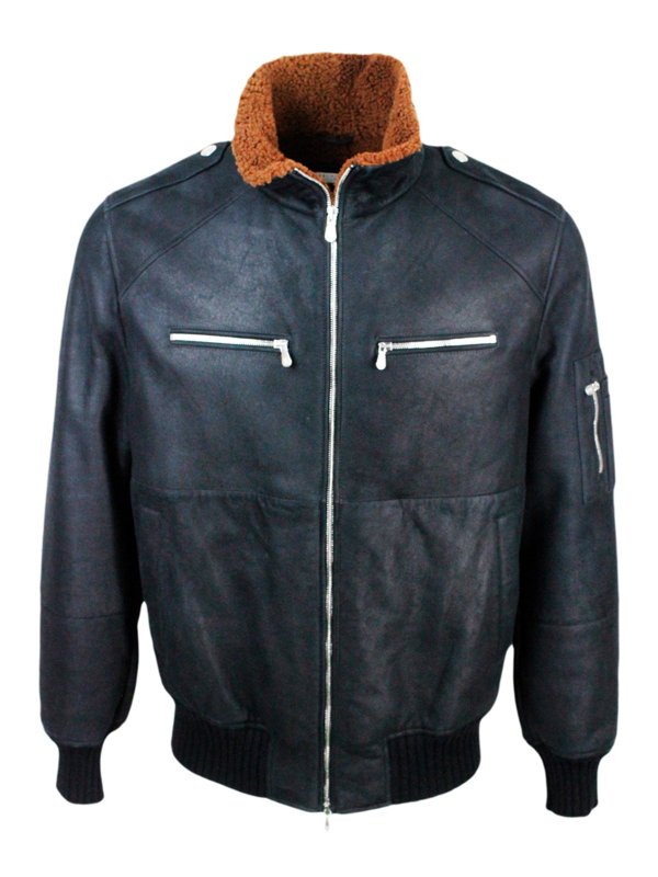 BRUNELLO CUCINELLI MEN'S BLACK SHEARLING COLLAR JACKET