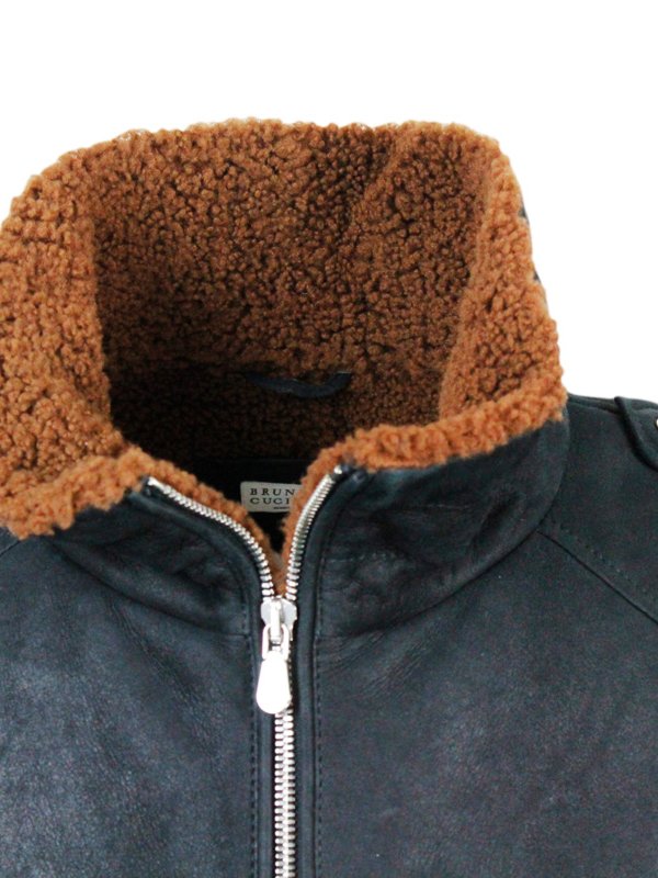 BRUNELLO CUCINELLI MEN'S BLACK SHEARLING COLLAR JACKET