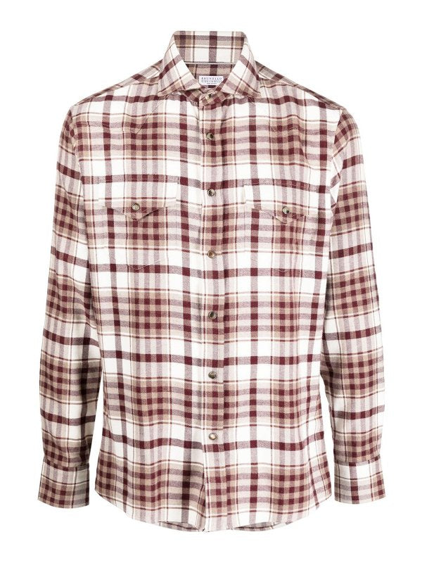 BRUNELLO CUCINELLI MEN'S BROWN PLAID BUTTON-UP SHIRT