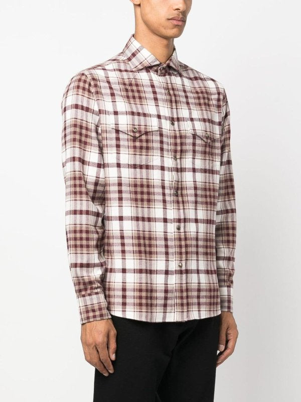BRUNELLO CUCINELLI MEN'S BROWN PLAID BUTTON-UP SHIRT