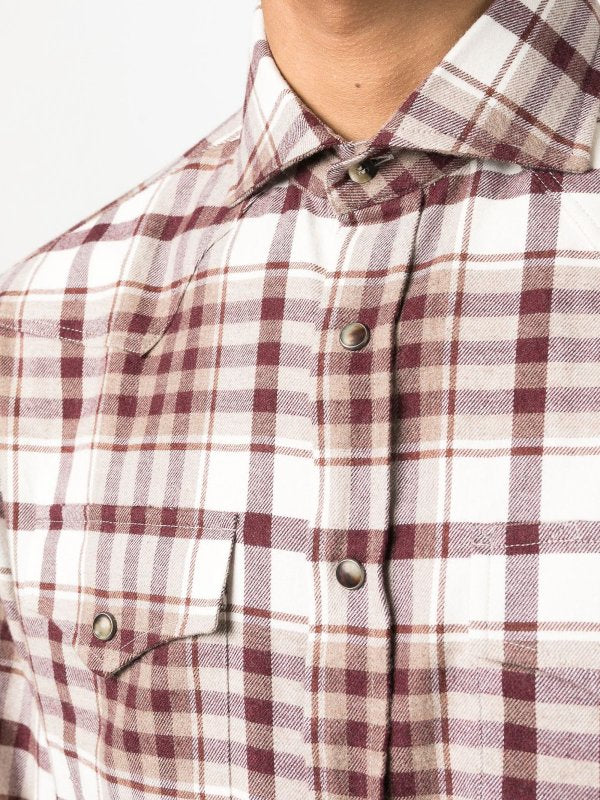 BRUNELLO CUCINELLI MEN'S BROWN PLAID BUTTON-UP SHIRT