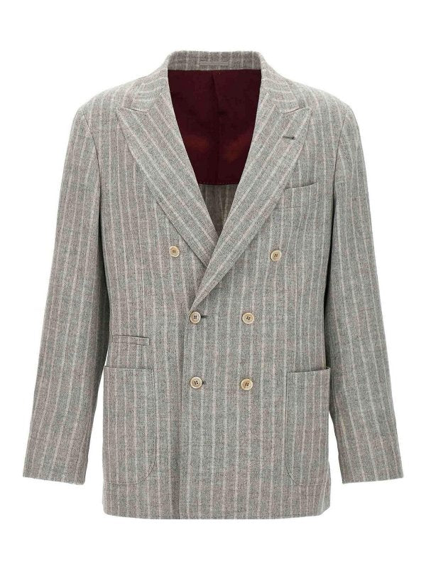 BRUNELLO CUCINELLI MEN'S GRAY STRIPED DOUBLE-BREASTED BLAZER