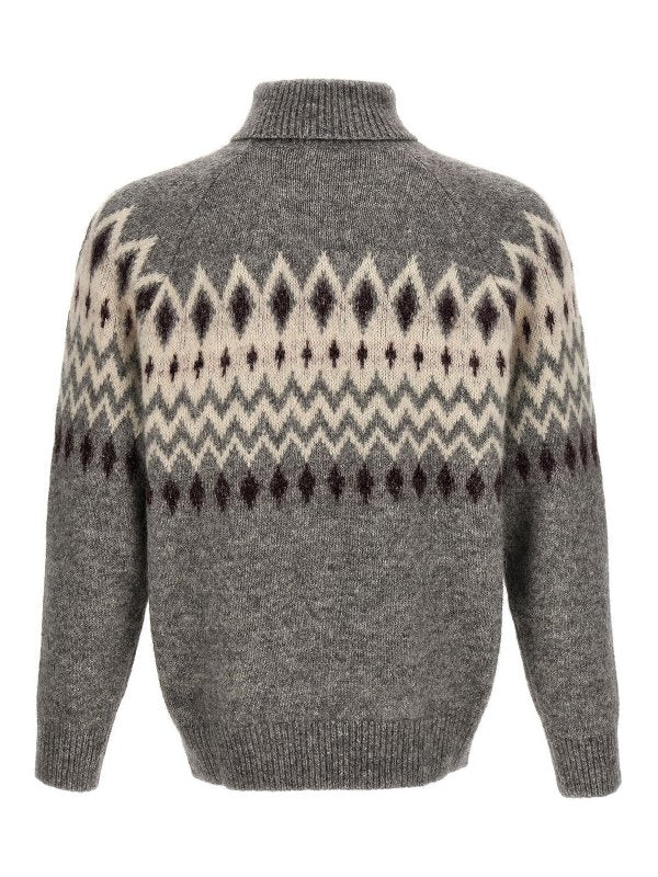 BRUNELLO CUCINELLI MEN'S GREY WOOL PATTERNED SWEATER