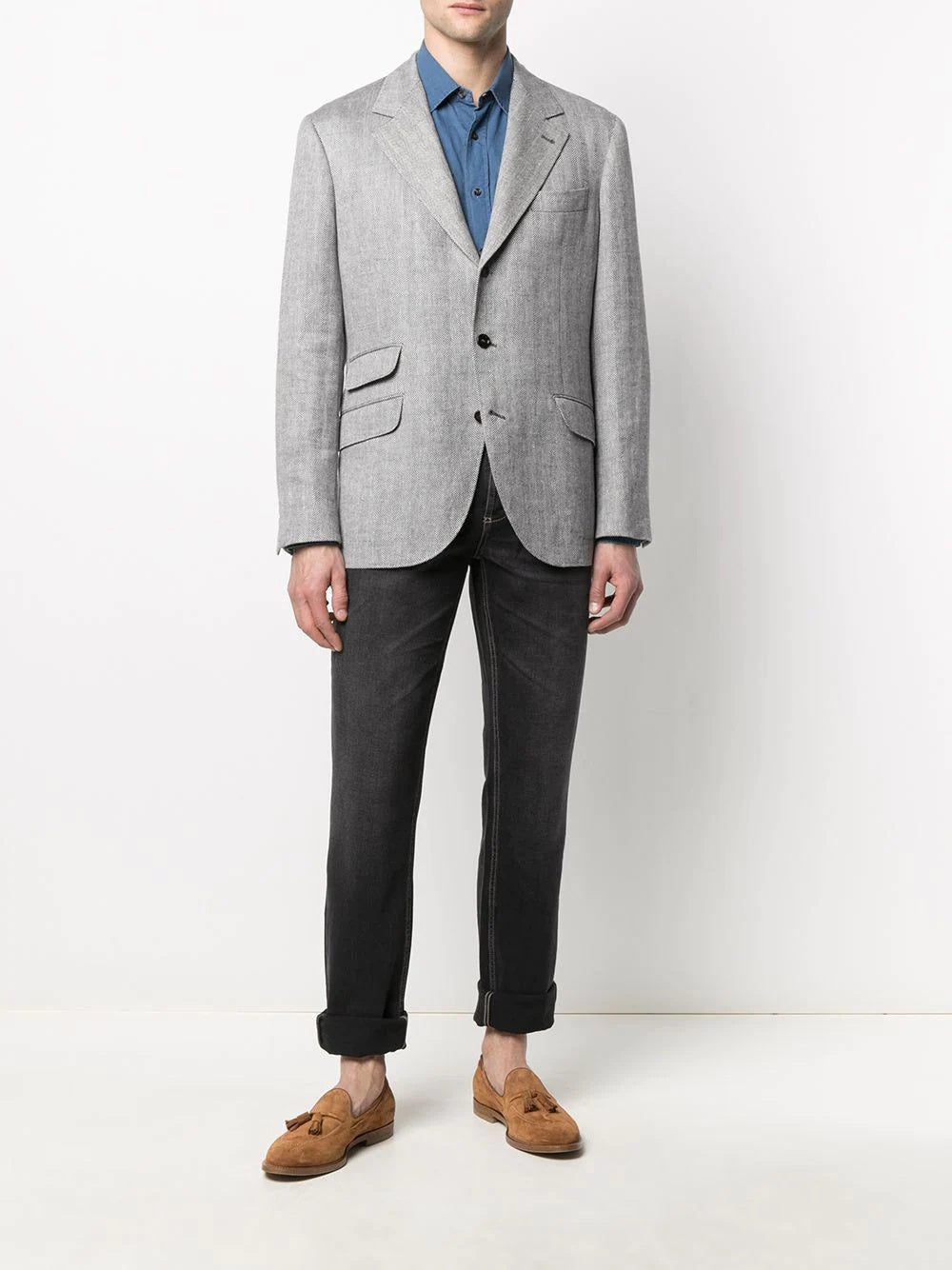 BRUNELLO CUCINELLI MEN'S GREY LINEN WOOL DECONSTRUCTED BLAZER