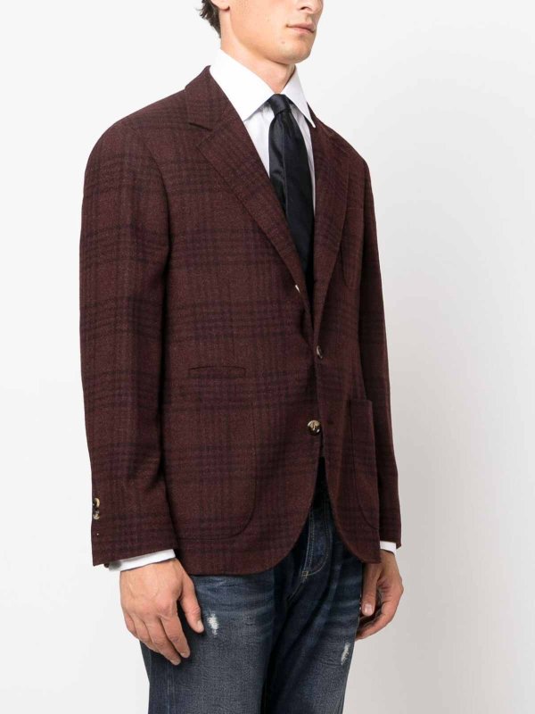 BRUNELLO CUCINELLI MEN'S DEEP BURGUNDY PLAID DECONSTRUCTED BLAZER