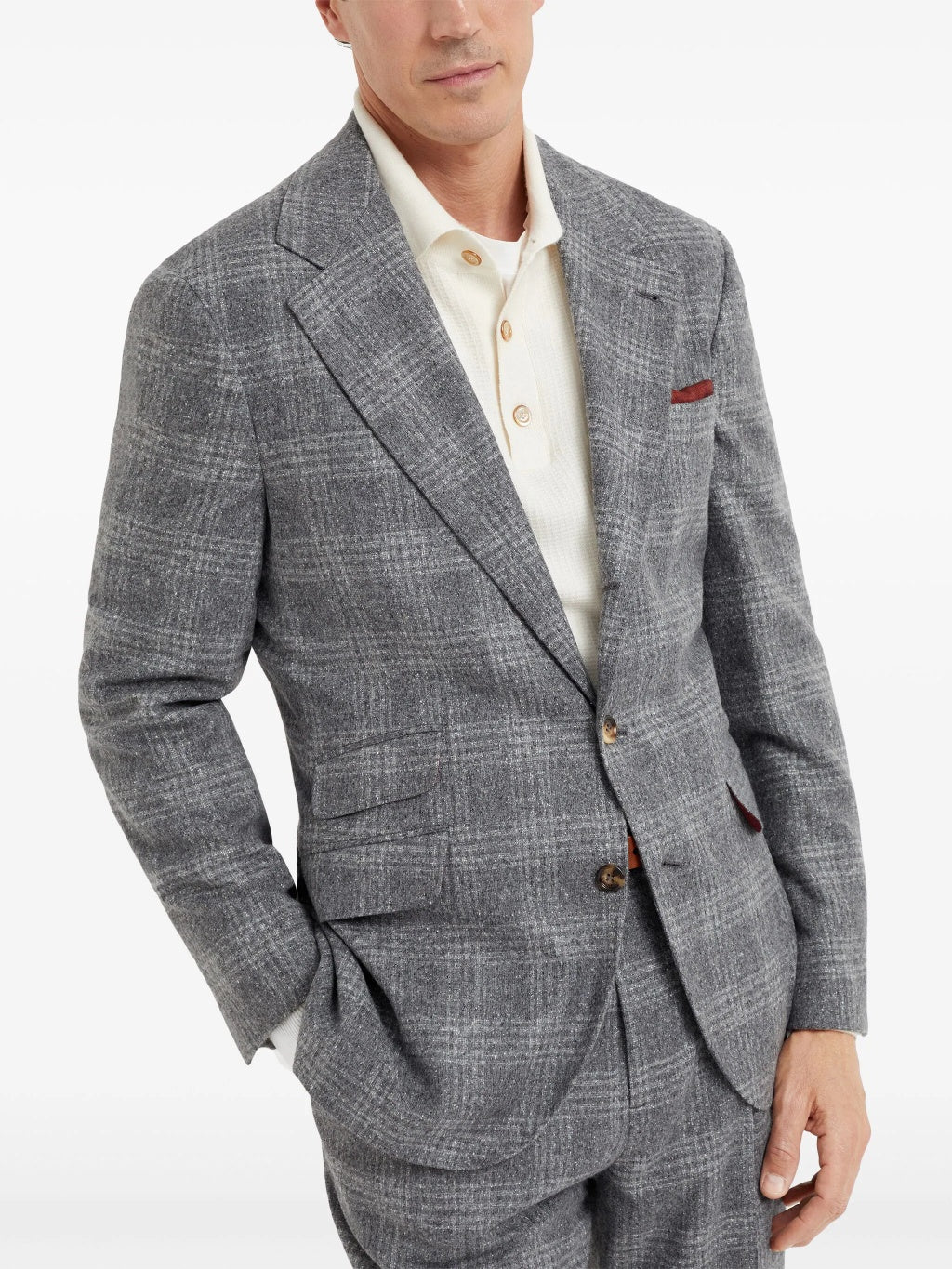BRUNELLO CUCINELLI MEN'S MEDIUM GREY PLAID DECONSTRUCTED BLAZER