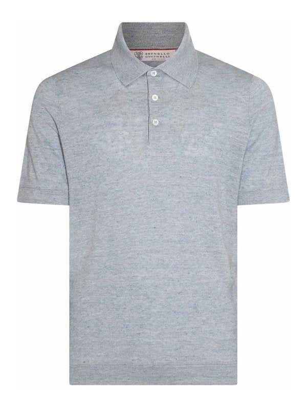 BRUNELLO CUCINELLI MEN'S LIGHT BLUE LINEN KNIT POLO