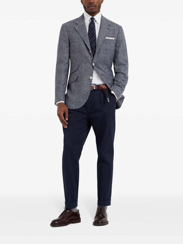 BRUNELLO CUCINELLI MEN'S DENIM WOOL BLEND CHECKED BLAZER