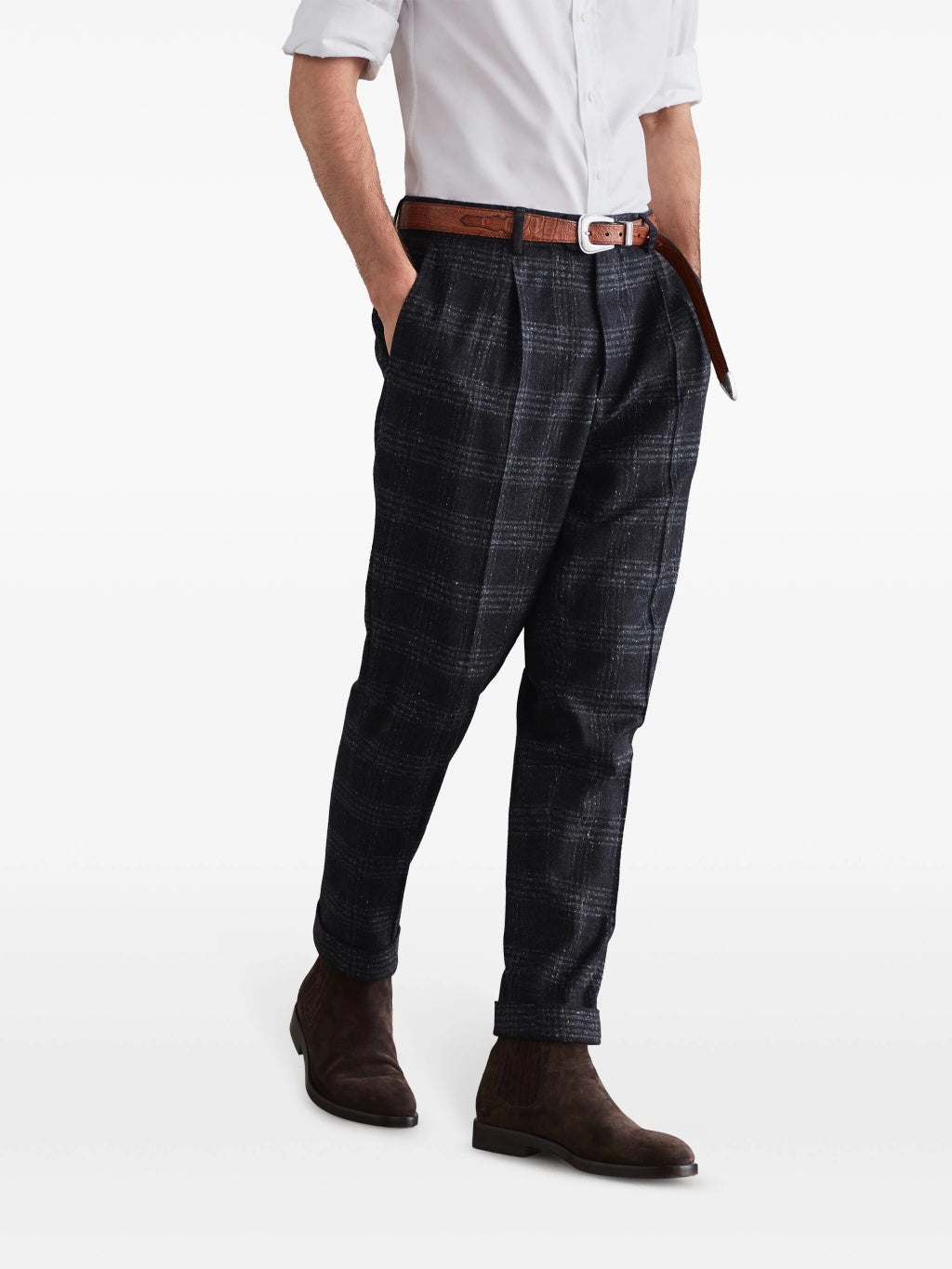 BRUNELLO CUCINELLI MEN'S ANTHRACITE PLAID TAILORED TROUSERS
