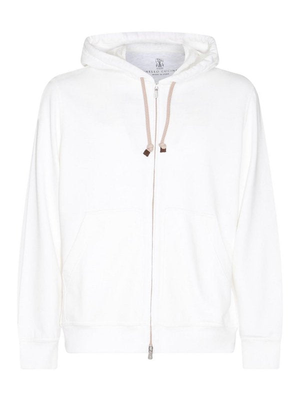 BRUNELLO CUCINELLI MEN'S OFF WHITE COTTON ZIP HOODIE