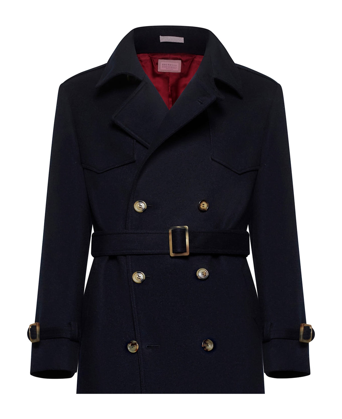 BRUNELLO CUCINELLI MEN'S NAVY DOUBLE BREASTED WOOL BELTED JACKET