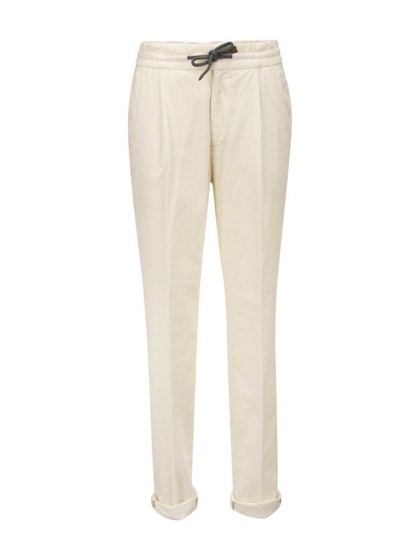 BRUNELLO CUCINELLI MEN'S OFF-WHITE TAILORED DRAWSTRING TROUSERS