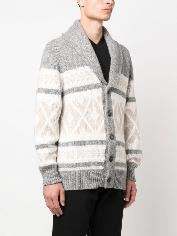 BRUNELLO CUCINELLI MEN'S LIGHT GREY PATTERNED SHAWL CARDIGAN