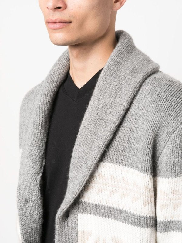 BRUNELLO CUCINELLI MEN'S LIGHT GREY PATTERNED SHAWL CARDIGAN