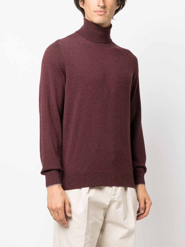 BRUNELLO CUCINELLI MEN'S DARK RED CASHMERE TURTLENECK SWEATER