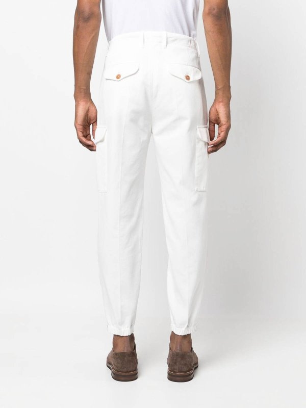 BRUNELLO CUCINELLI MEN'S WHITE COTTON CARGO TROUSERS