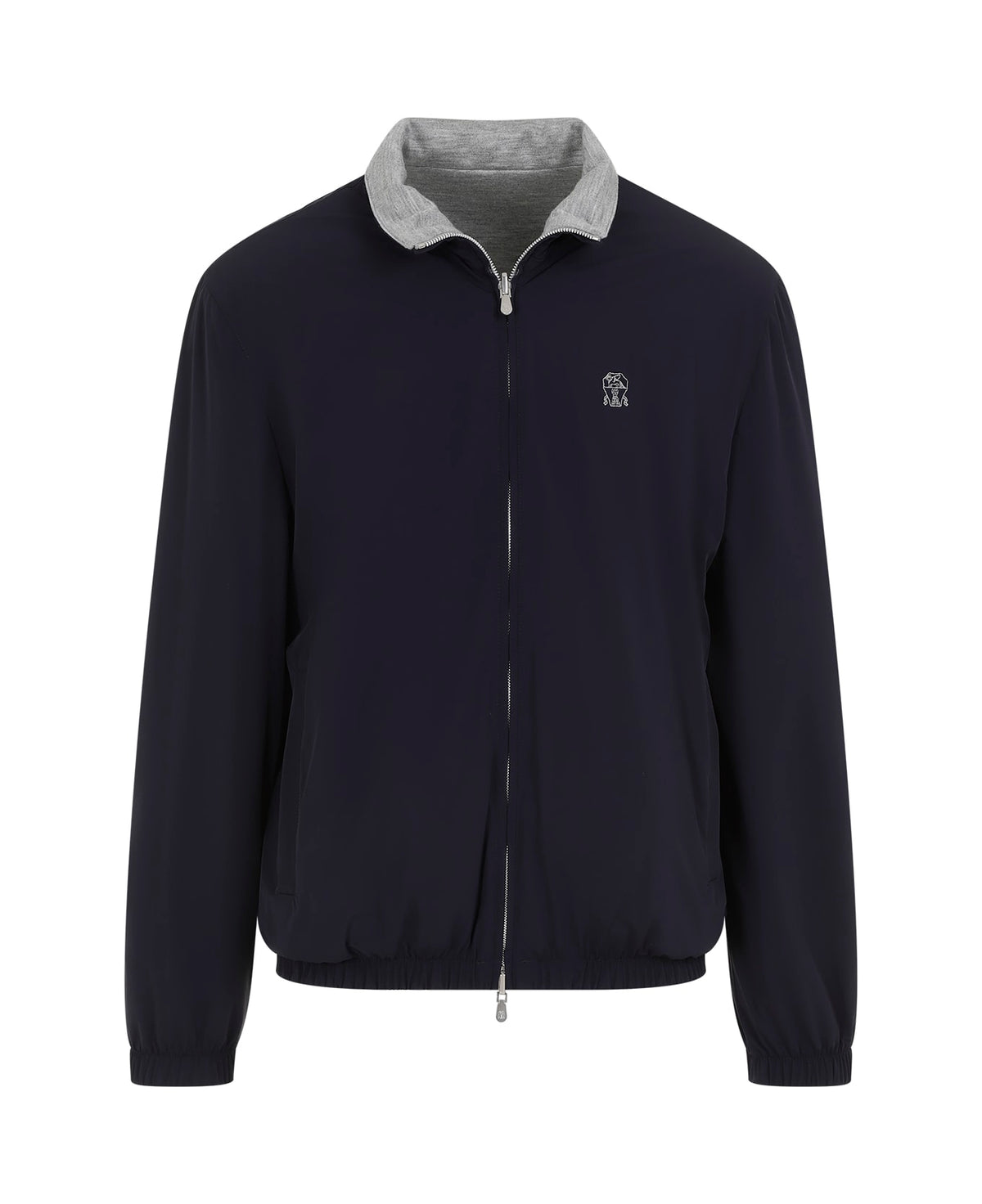 BRUNELLO CUCINELLI MEN'S NAVY ZIP FRONT JACKET WITH GRAY COLLAR