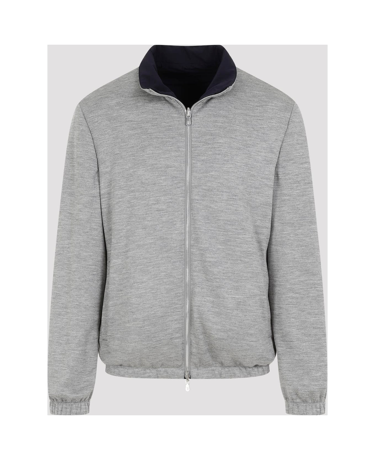 BRUNELLO CUCINELLI MEN'S NAVY ZIP FRONT JACKET WITH GRAY COLLAR