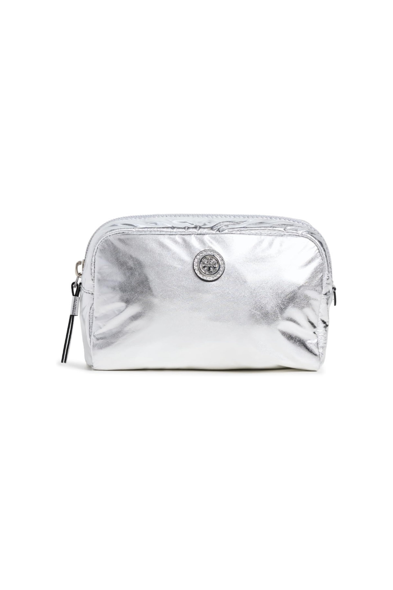 Tory Burch Virginia Metallic Curved Cosmetic Case Silver 165346-040