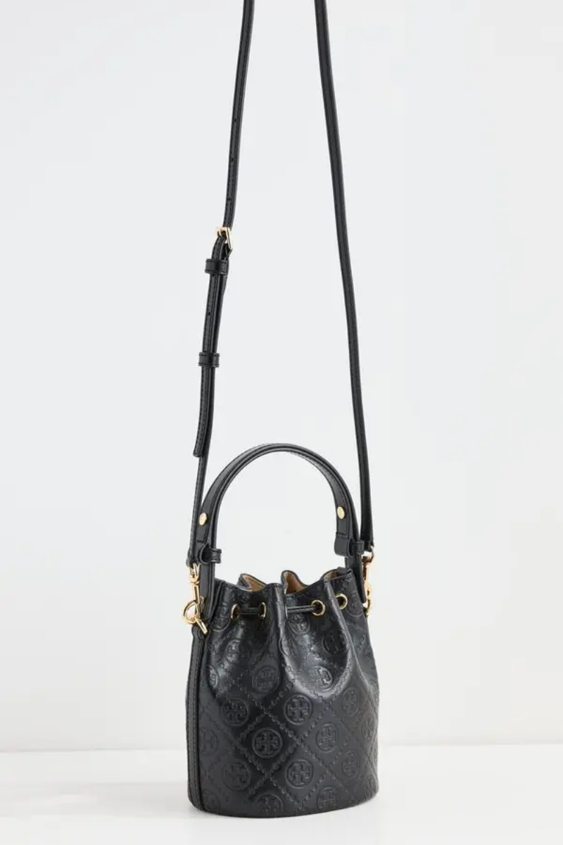 Tory Burch T Monogram Debossed Mini Bucket Bag in Black