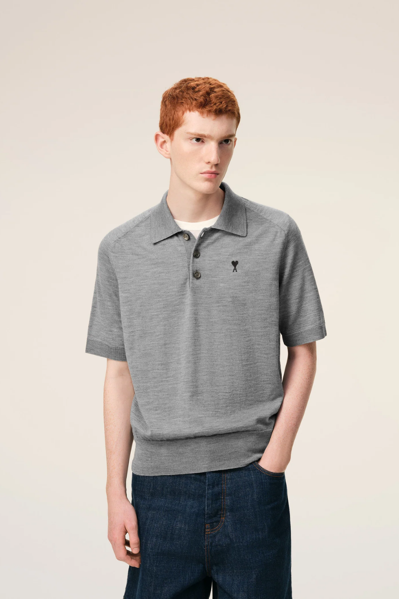 Ami Paris Merino Wool Short Sleeves Crewneck Cardigan-Heather Grey