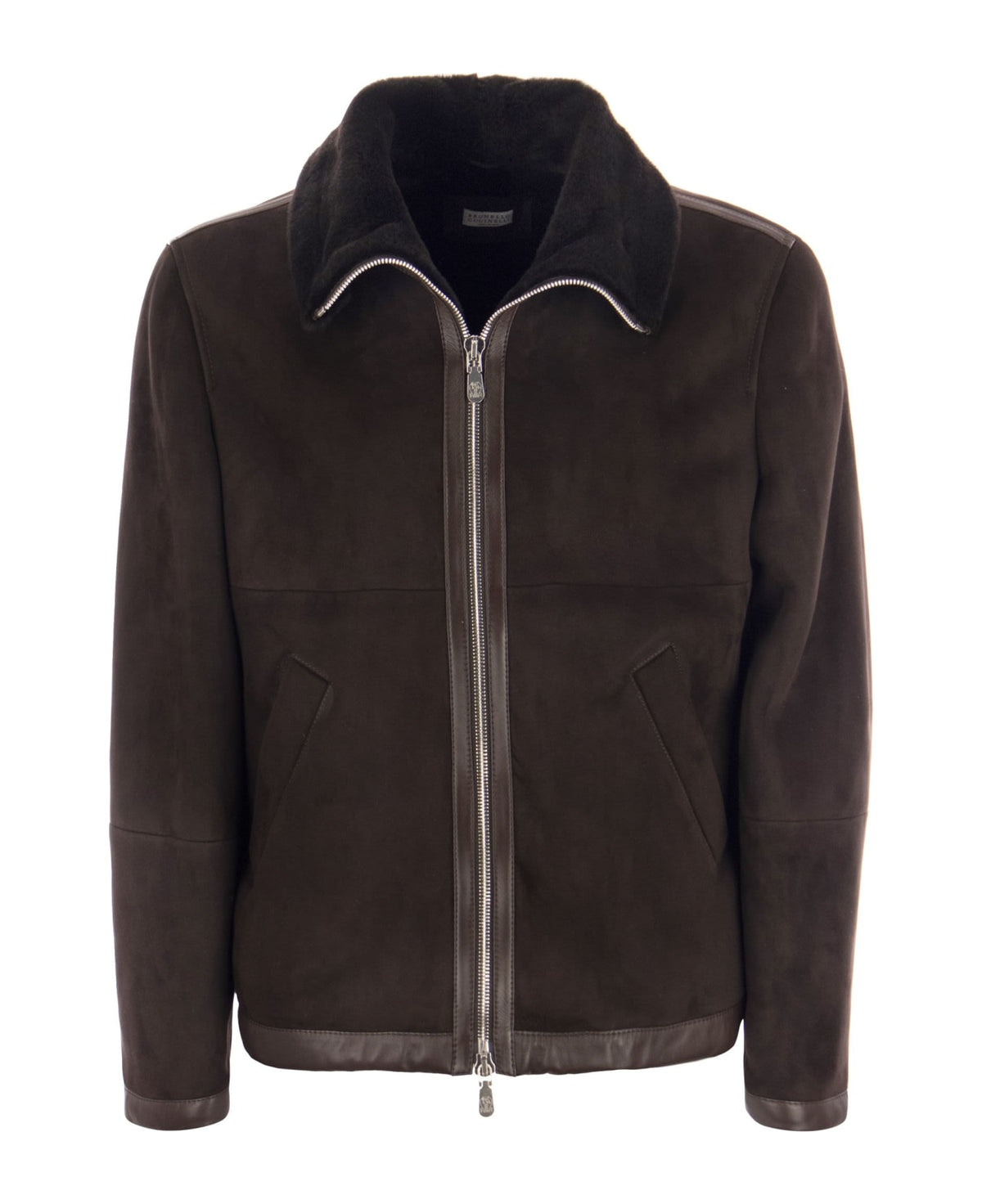 BRUNELLO CUCINELLI MEN'S COFFEE FUR COLLAR ZIP FRONT JACKET