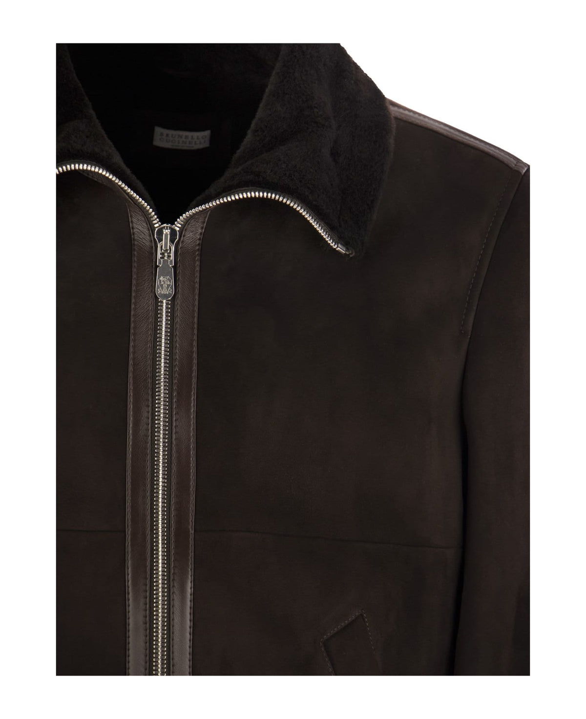 BRUNELLO CUCINELLI MEN'S COFFEE FUR COLLAR ZIP FRONT JACKET
