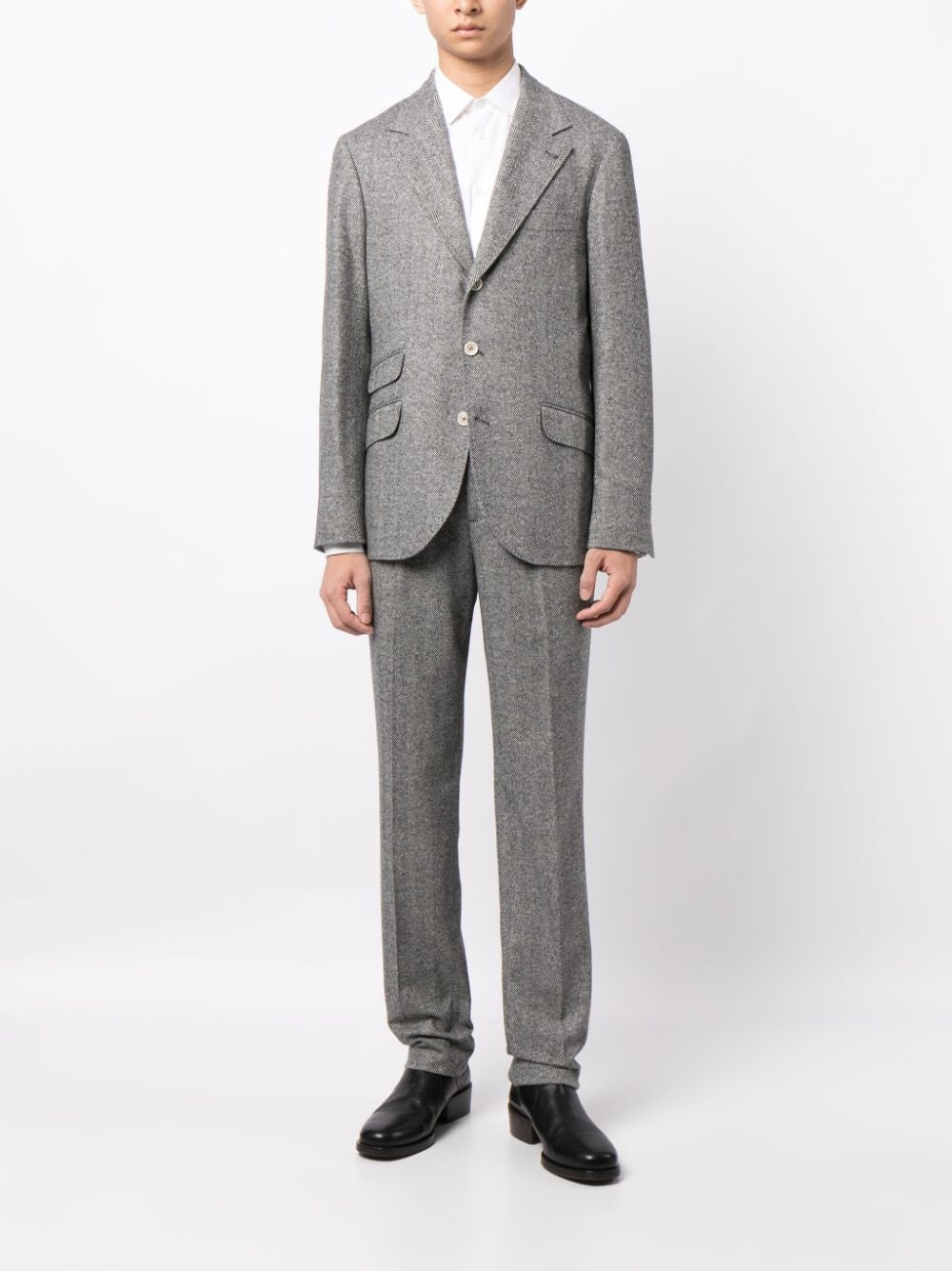 BRUNELLO CUCINELLI MEN'S GREY WOOL HERRINGBONE SUIT