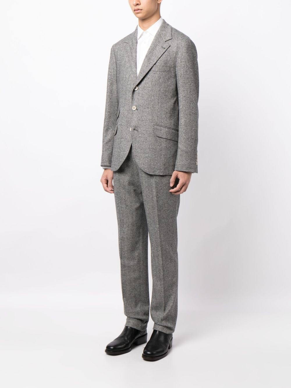 BRUNELLO CUCINELLI MEN'S GREY WOOL HERRINGBONE SUIT