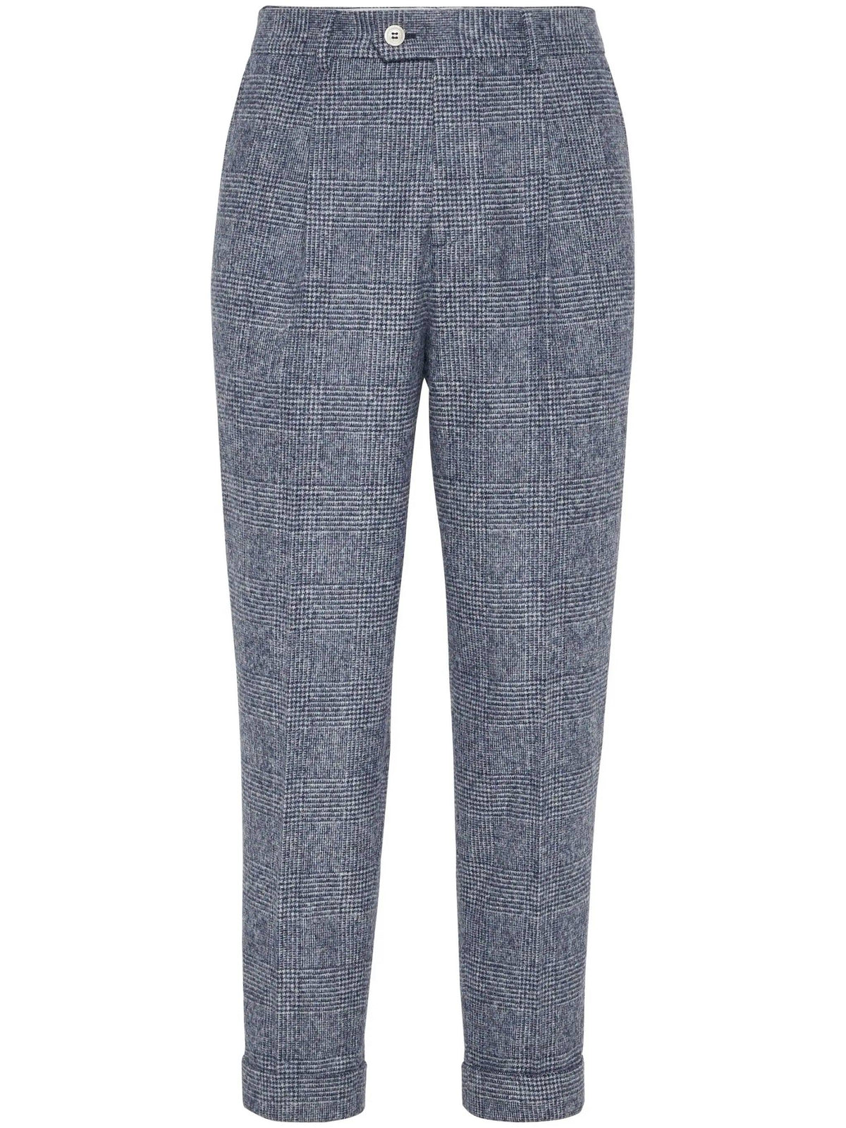 BRUNELLO CUCINELLI MEN'S GREY WOOL PLAID TROUSERS