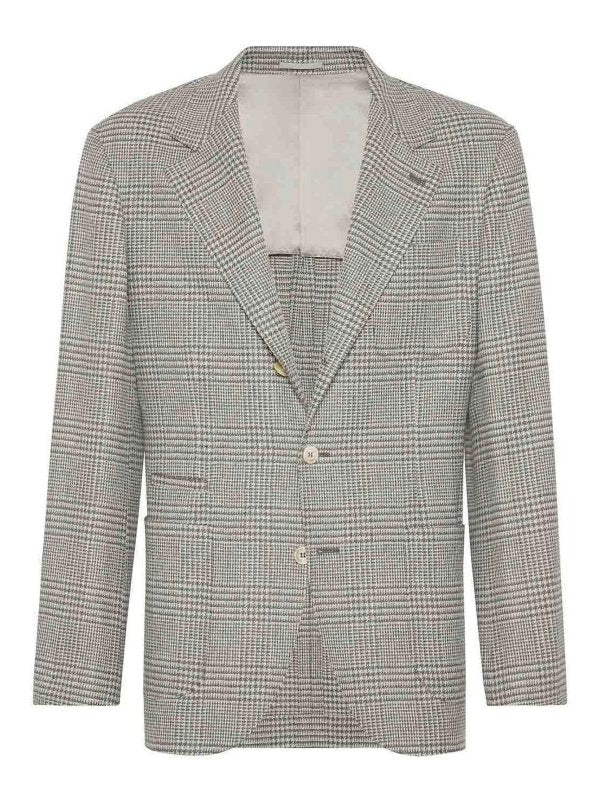 BRUNELLO CUCINELLI MEN'S GRAY WOOL SILK PLAID BLAZER