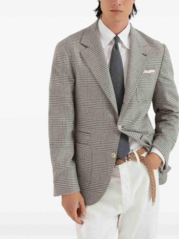 BRUNELLO CUCINELLI MEN'S GRAY WOOL SILK PLAID BLAZER