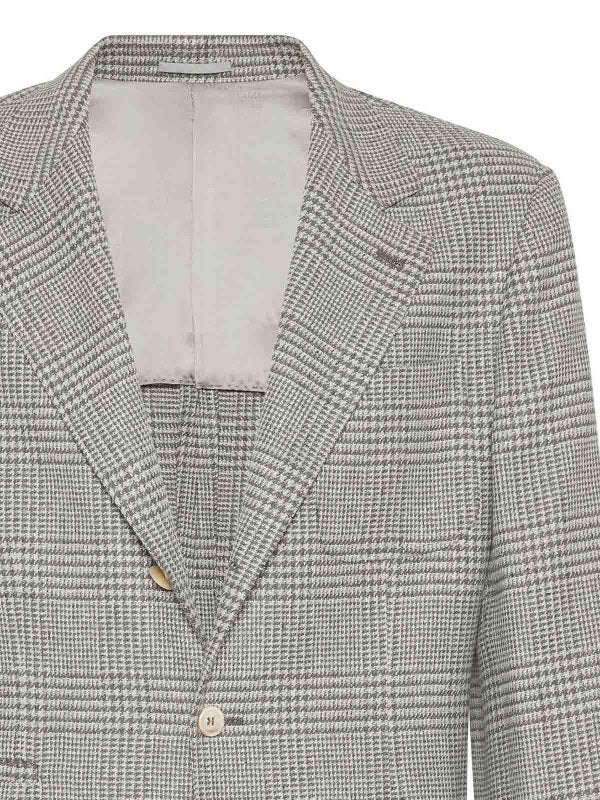BRUNELLO CUCINELLI MEN'S GRAY WOOL SILK PLAID BLAZER