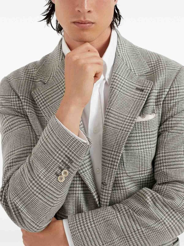 BRUNELLO CUCINELLI MEN'S GRAY WOOL SILK PLAID BLAZER