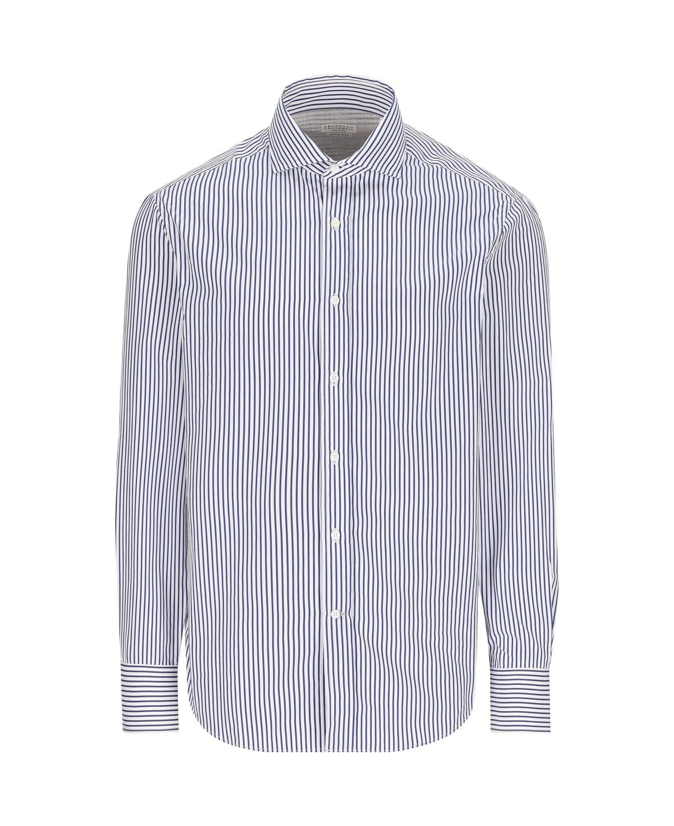 BRUNELLO CUCINELLI MEN'S WHITE BLUE STRIPED BUTTON-UP SHIRT