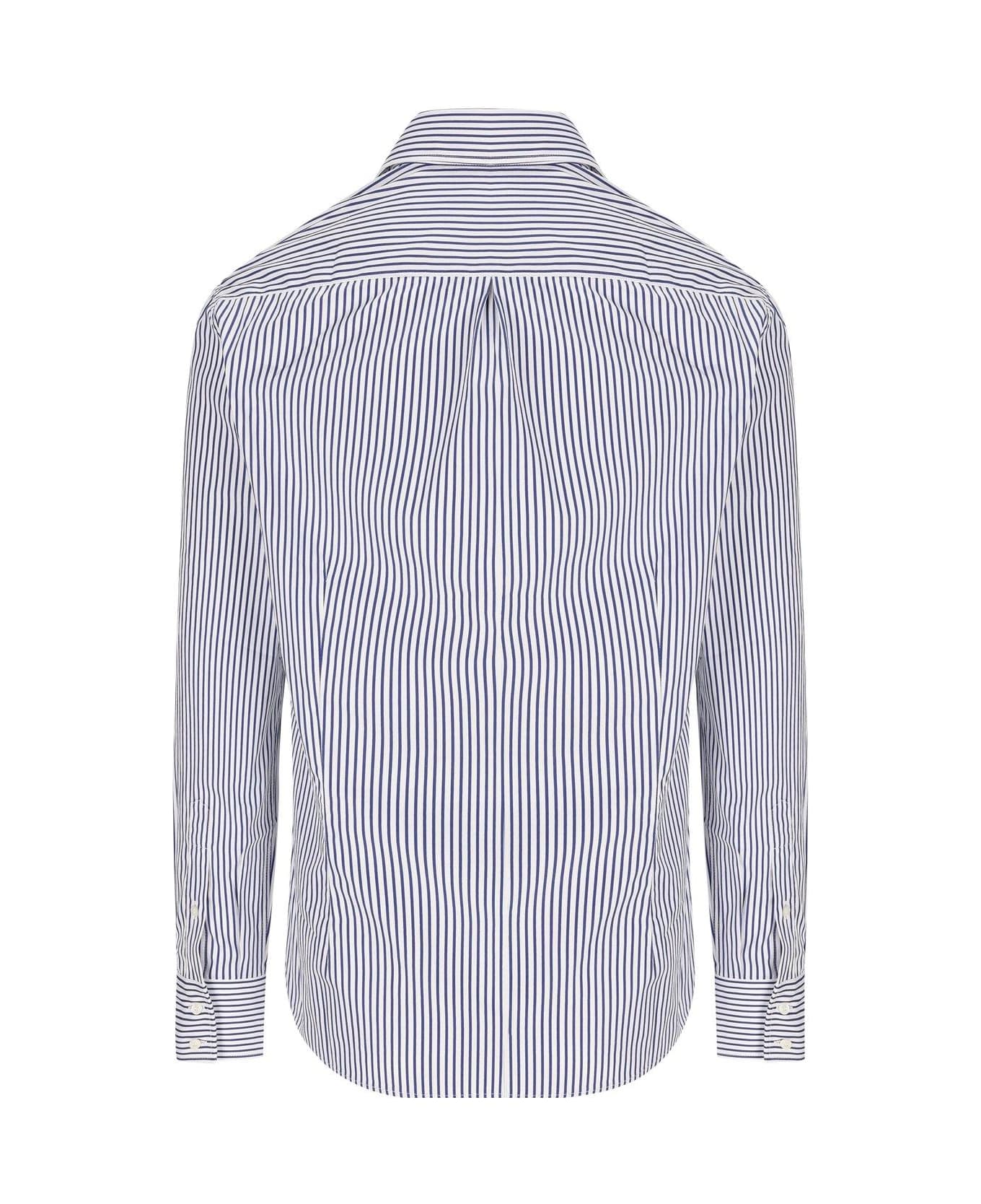 BRUNELLO CUCINELLI MEN'S WHITE BLUE STRIPED BUTTON-UP SHIRT