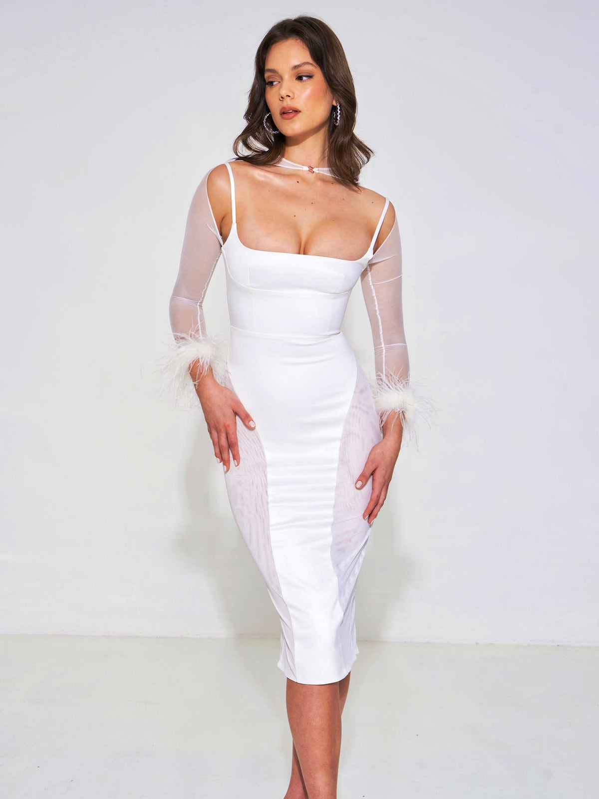 Oaklie White Satin Mesh Sleeve Dress With Feathers (Archive Sale)