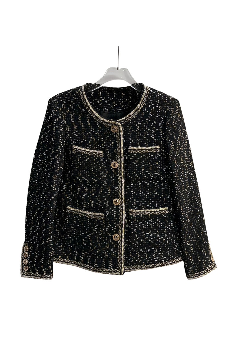 Max Simple Embellished Classic Tweed Jacket Black