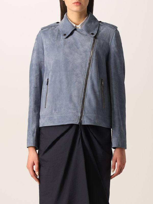 BRUNELLO CUCINELLI WOMEN'S DUSTY BLUE LEATHER BIKER JACKET